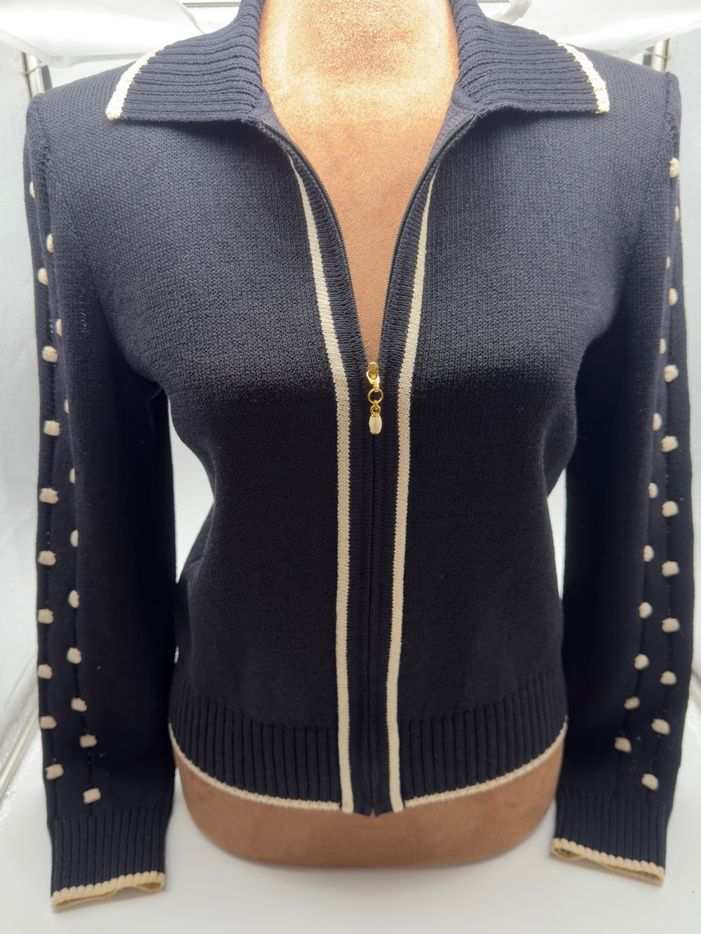 St. John Collection Black Cream Santana Knit Zip Jacket Pom Pom Sleeve zip